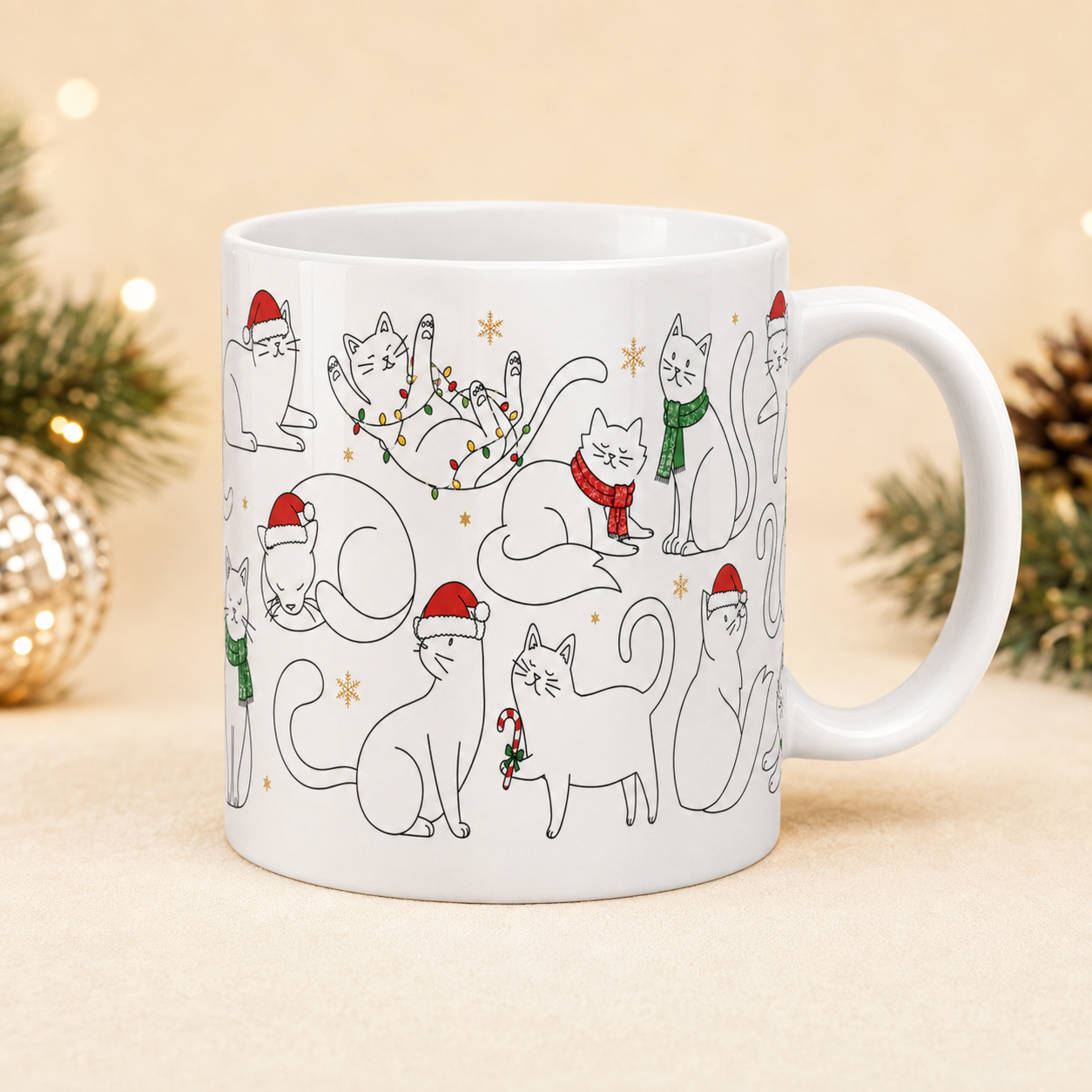 White ceramic mug mockup with festive Christmas cat line art