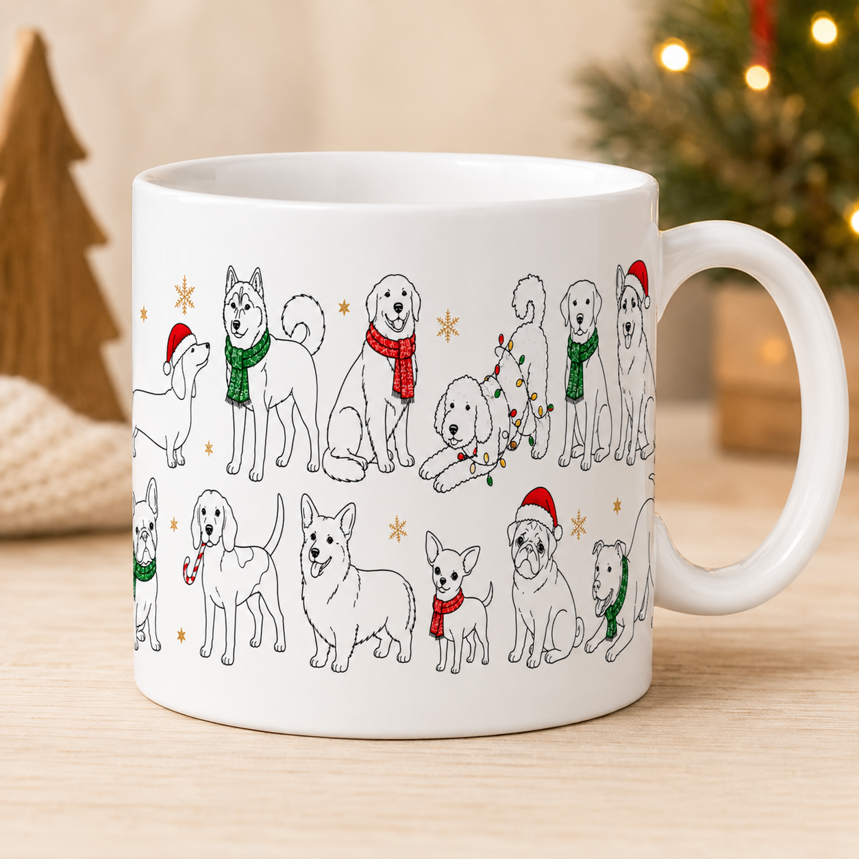 White ceramic mug mockup with festive Christmas dog line art