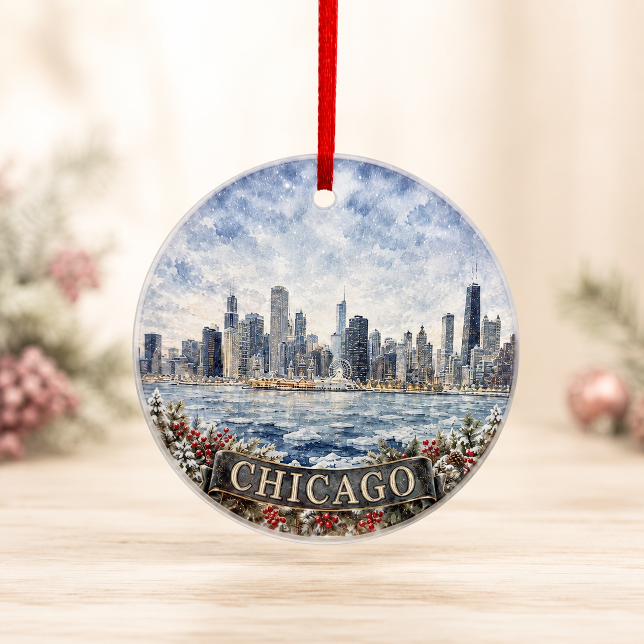 Chicago Skyline Ornament, 3-Inch Frosted Glass Christmas Ornament, Windy City Keepsake product photo