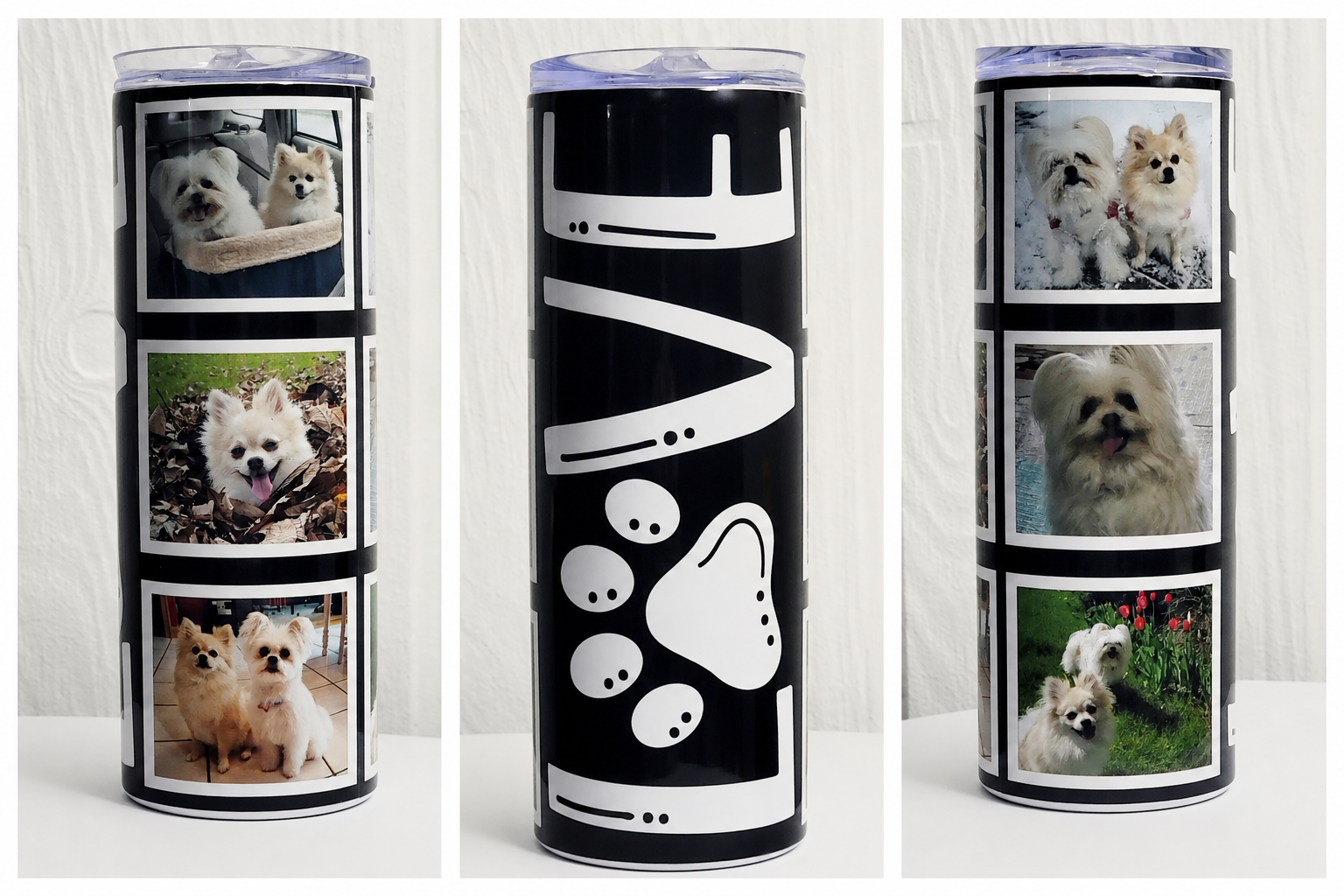 Three views of a 20 ounce tumbler personalized with pet photos